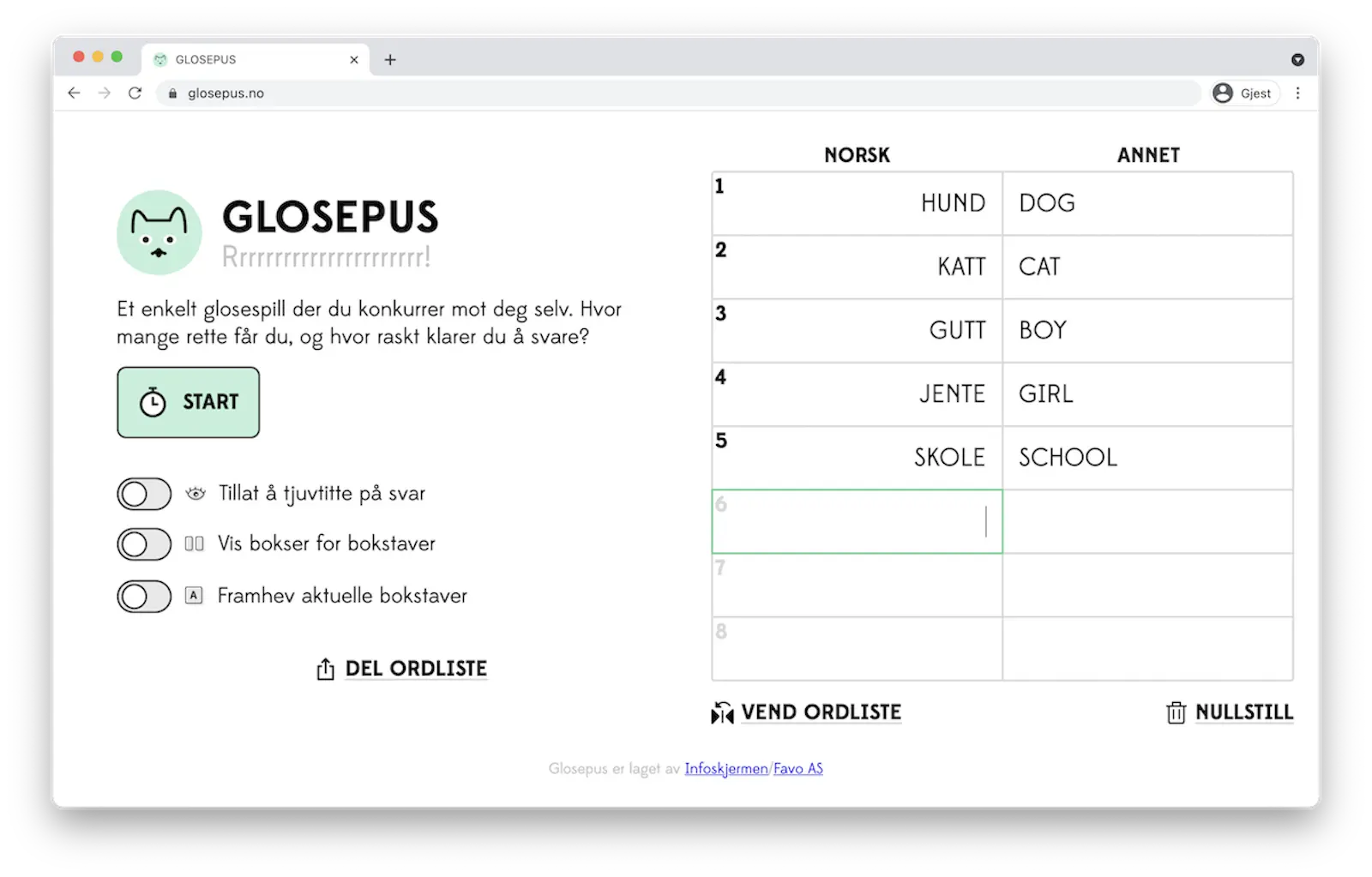 Åpen pc som viser Glosepus-appen